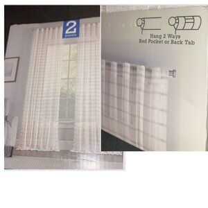 Curtains 2 Sheer Window Panels Hemstitch Plaid 96 in. L Two Rod Pocket Back Tab